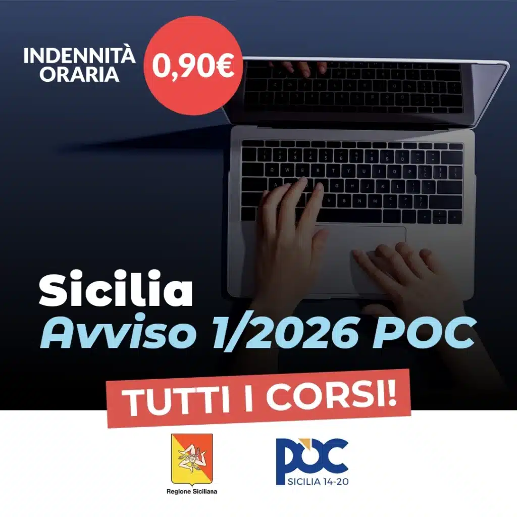 Promotional banner for Sicily training courses with a laptop, bold text, and a red price circle showing 0,90€; bottom logos of Regione Siciliana and POC Sicilia 14-20. | ForIT | ForIT